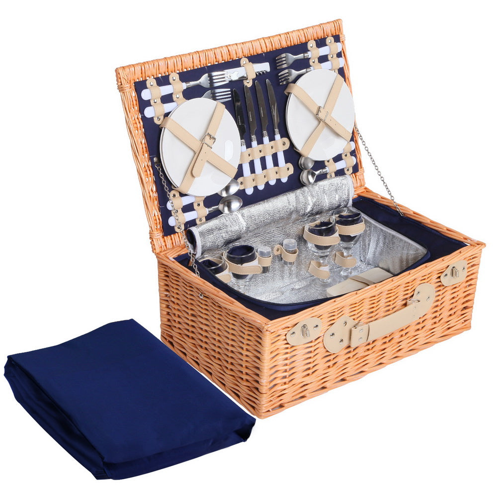 Alfresco 4 Person Picnic Basket Wicker Set Baskets Outdoor Insulated Blanket Navy - Newstart Furniture