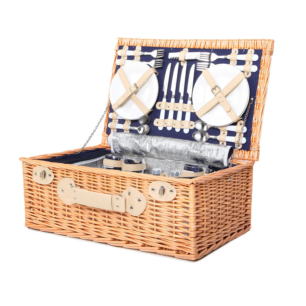 Alfresco 4 Person Picnic Basket Wicker Set Baskets Outdoor Insulated Blanket Navy - Newstart Furniture