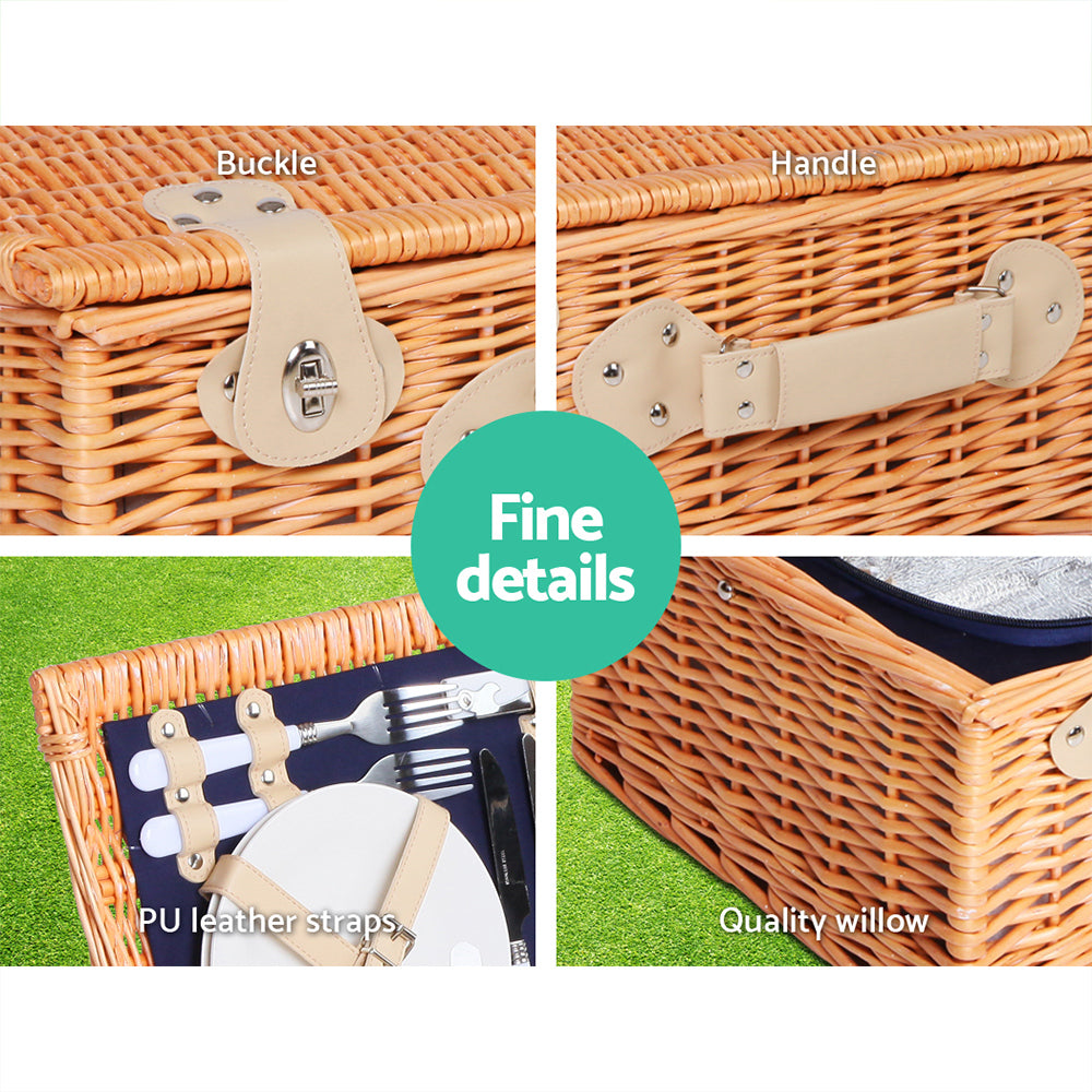 Alfresco 4 Person Picnic Basket Wicker Set Baskets Outdoor Insulated Blanket Navy - Newstart Furniture