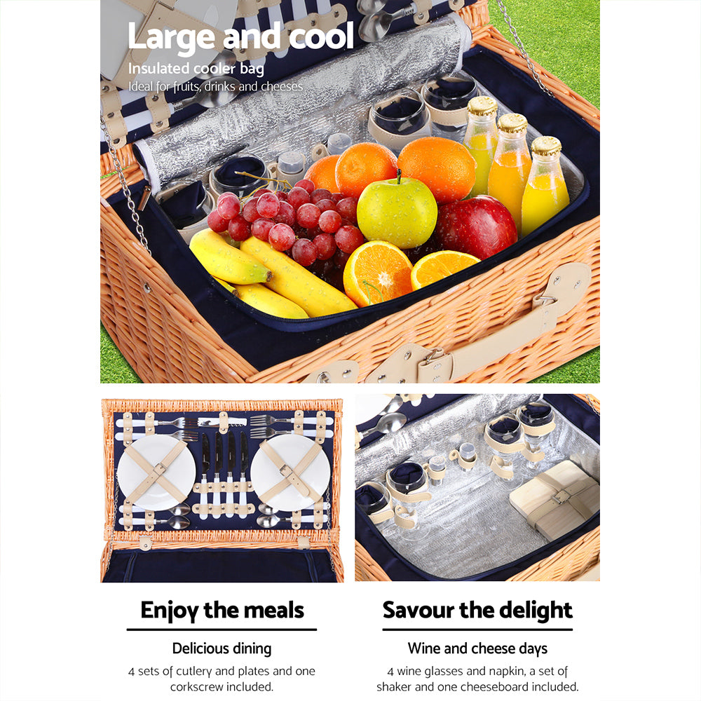 Alfresco 4 Person Picnic Basket Wicker Set Baskets Outdoor Insulated Blanket Navy - Newstart Furniture