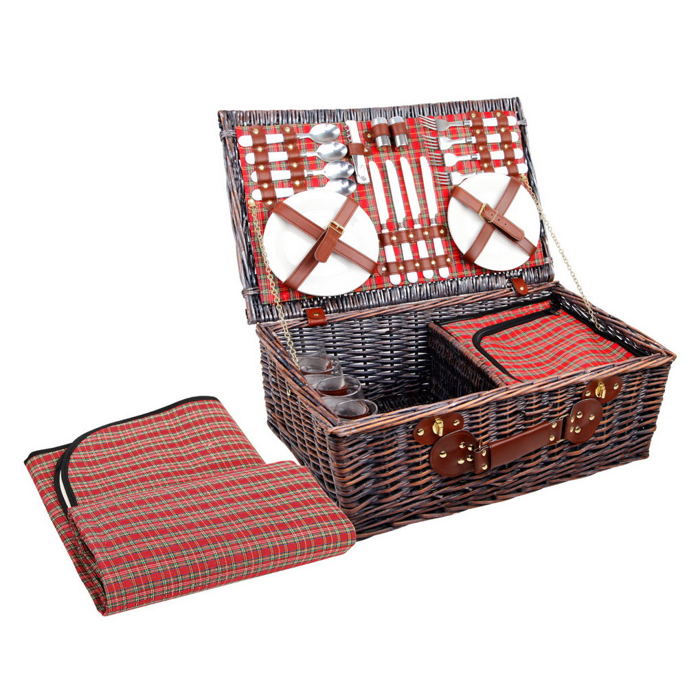 Alfresco 4 Person Picnic Basket Wicker Picnic Set Outdoor Insulated Blanket - Newstart Furniture