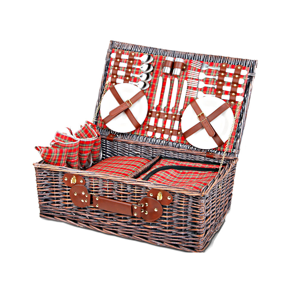 Alfresco 4 Person Picnic Basket Wicker Picnic Set Outdoor Insulated Blanket - Newstart Furniture