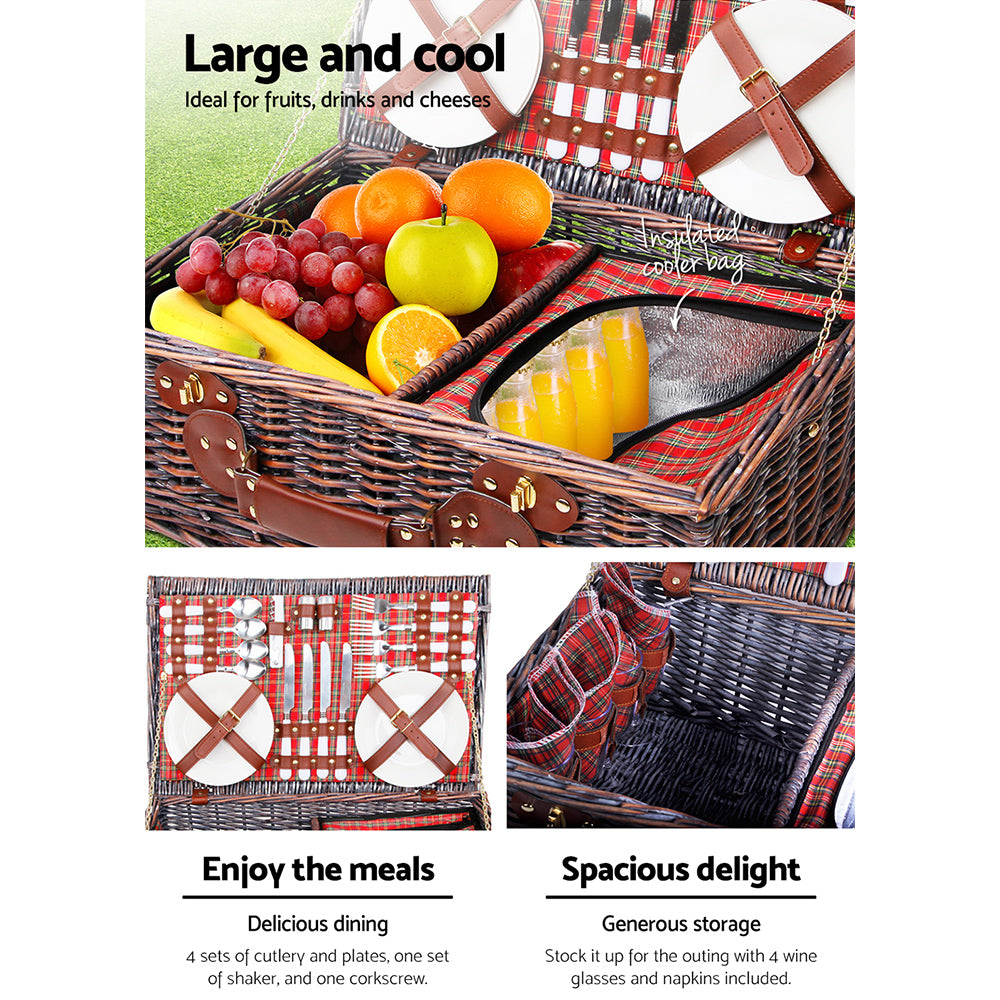 Alfresco 4 Person Picnic Basket Wicker Picnic Set Outdoor Insulated Blanket - Newstart Furniture