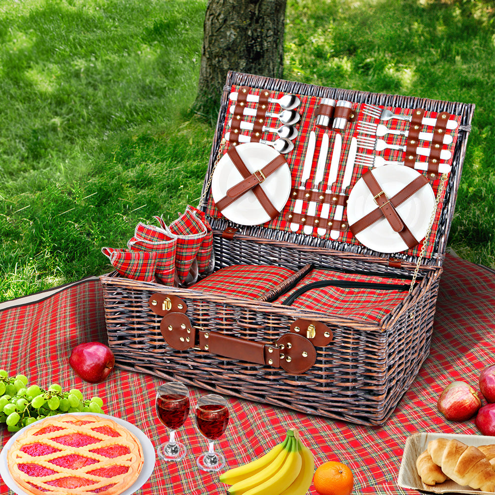 Alfresco 4 Person Picnic Basket Wicker Picnic Set Outdoor Insulated Blanket - Newstart Furniture