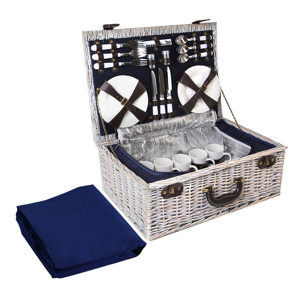 Alfresco 6 Person Picnic Basket Set Cooler Bag Wicker PU Fastening Straps Plates - Newstart Furniture