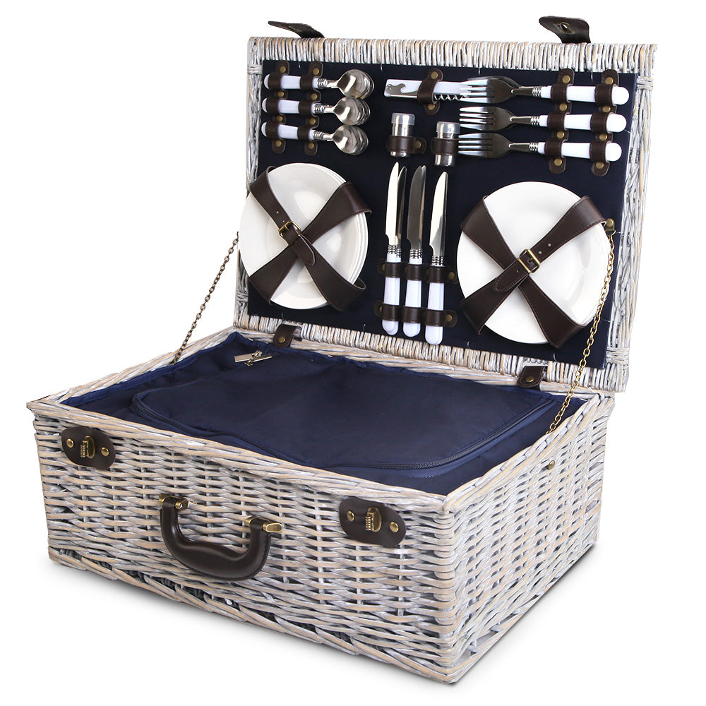 Alfresco 6 Person Picnic Basket Set Cooler Bag Wicker PU Fastening Straps Plates - Newstart Furniture