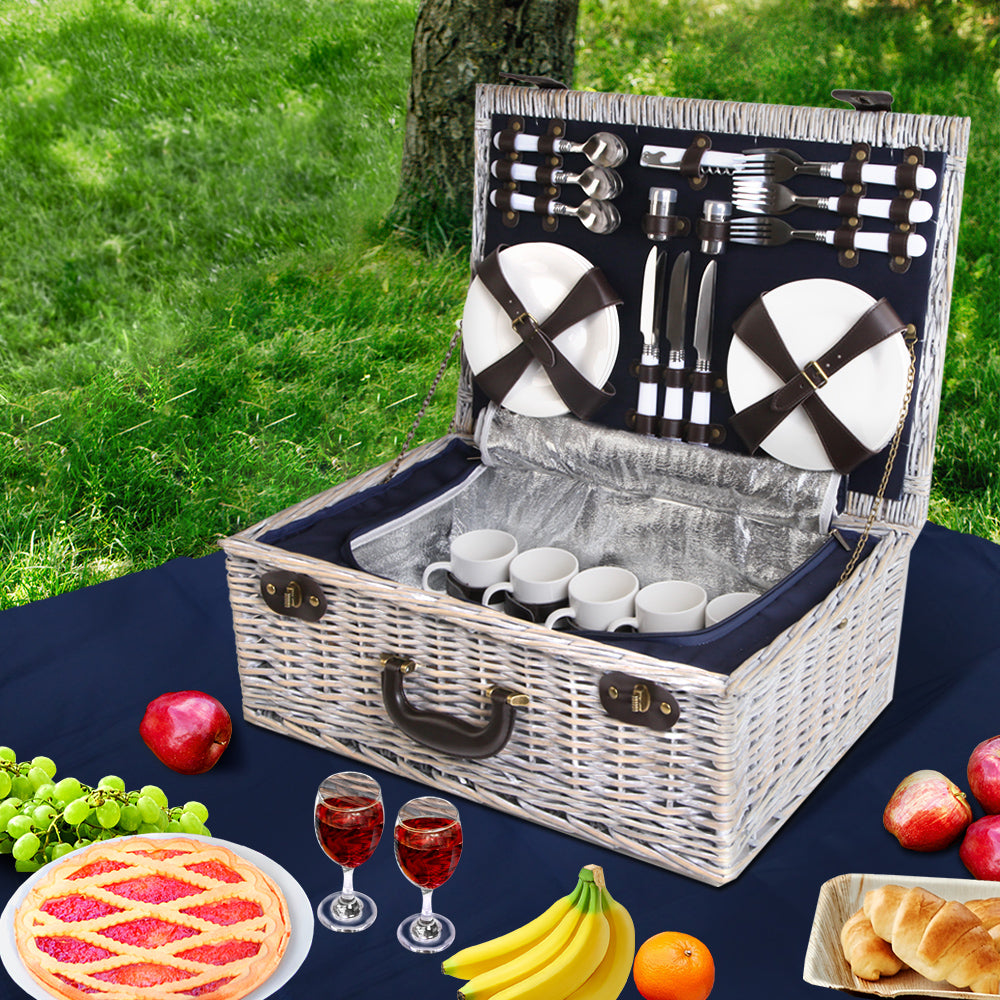 Alfresco 6 Person Picnic Basket Set Cooler Bag Wicker PU Fastening Straps Plates - Newstart Furniture