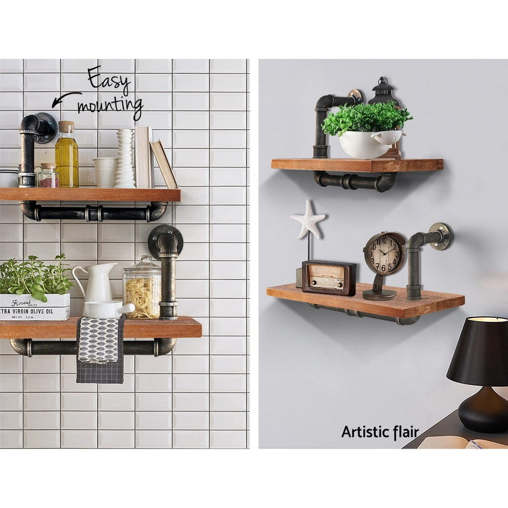 Artiss Wall Shelves Rustic Bookshelf Retro Display Shelves Industrial DIY Pipe Shelf Floating Brackets - Newstart Furniture