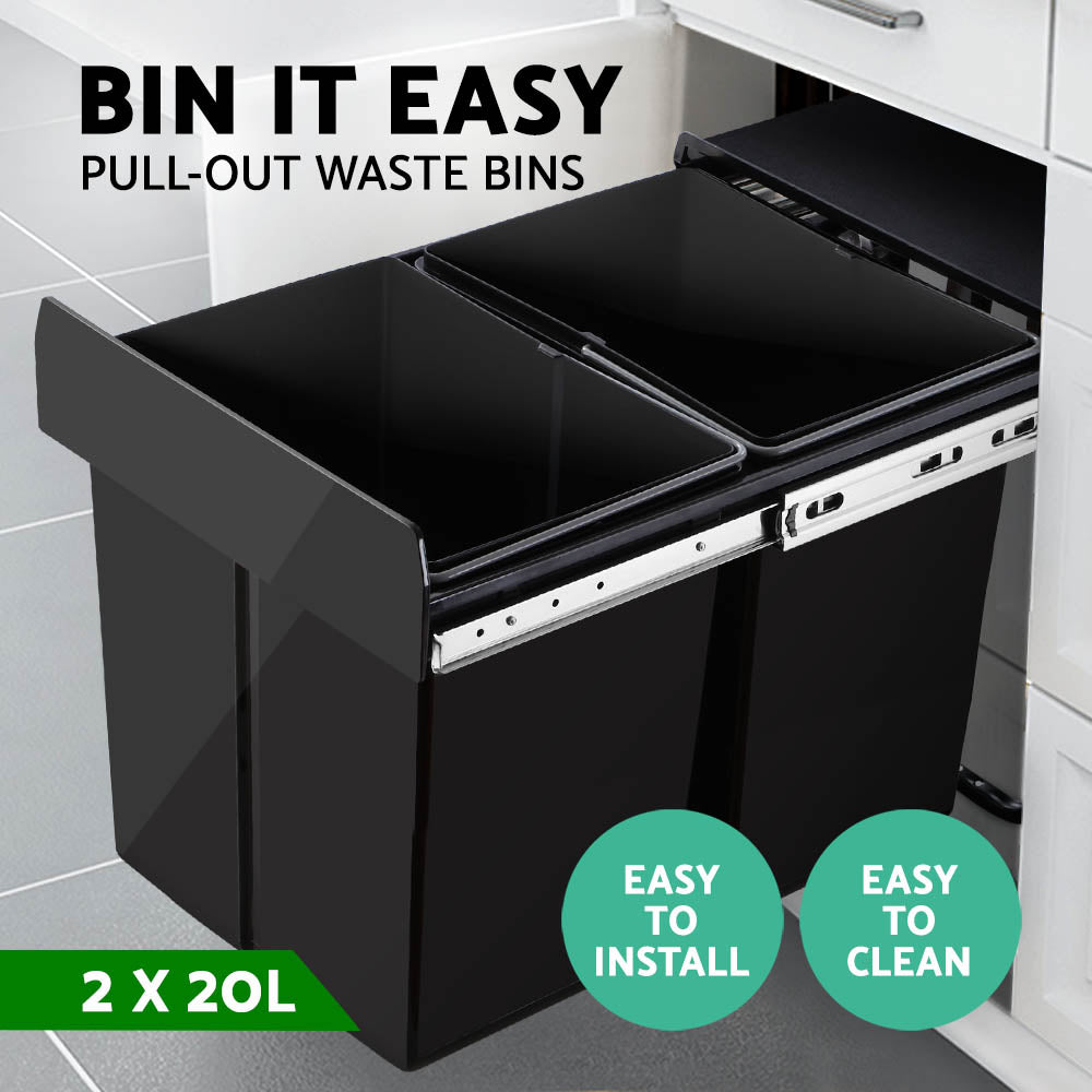 Cefito 2x20L Pull Out Bin - Black - Newstart Furniture