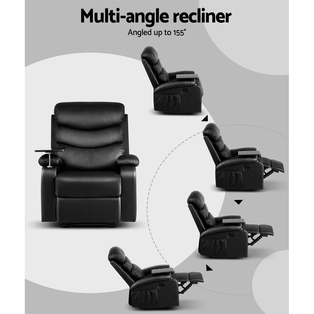 Artiss Recliner Chair Armchair Lounge Sofa Chairs Couch Leather Black Tray Table - Newstart Furniture