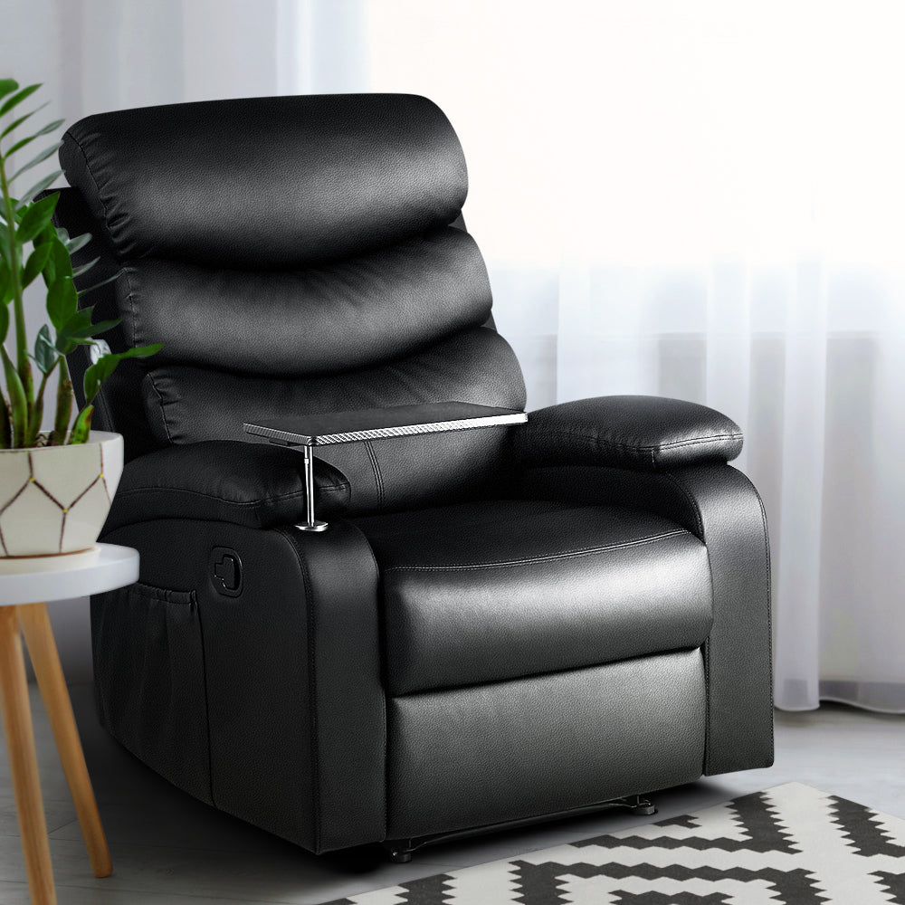 Artiss Recliner Chair Armchair Lounge Sofa Chairs Couch Leather Black Tray Table - Newstart Furniture