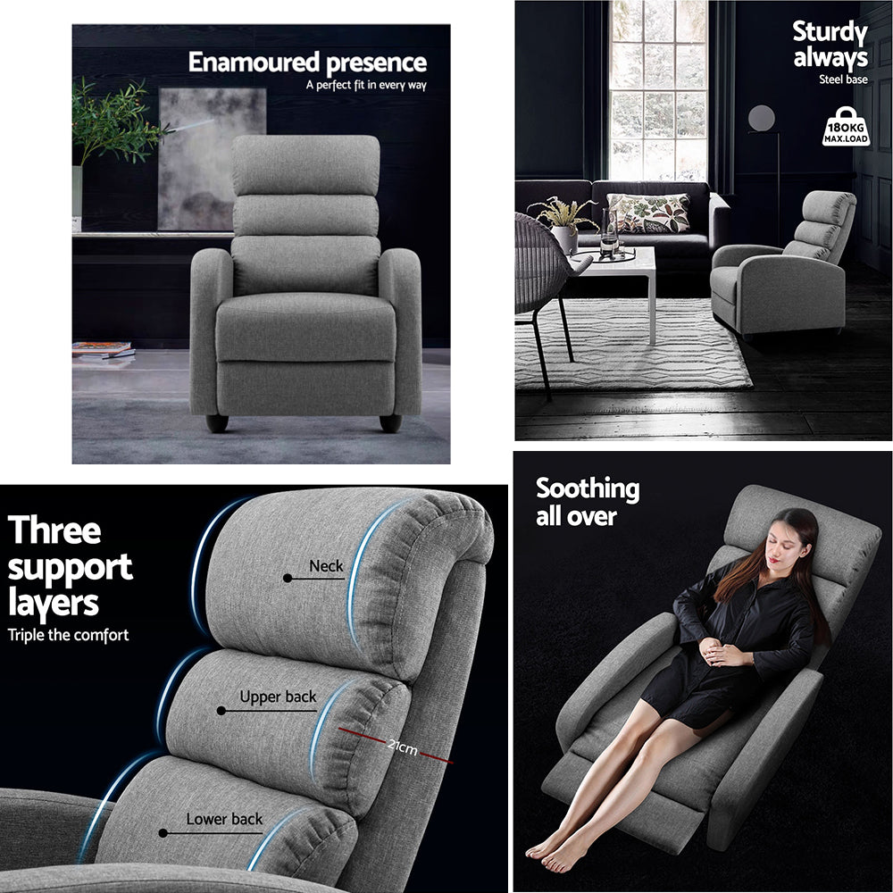 Artiss Luxury Recliner Chair Chairs Lounge Armchair Sofa Fabric Cover Grey - Newstart Furniture