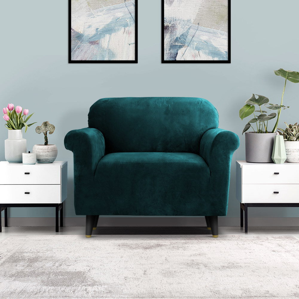 Artiss Velvet Sofa Cover Plush Couch Cover Lounge Slipcover 1 Seater Agate Green - Newstart Furniture