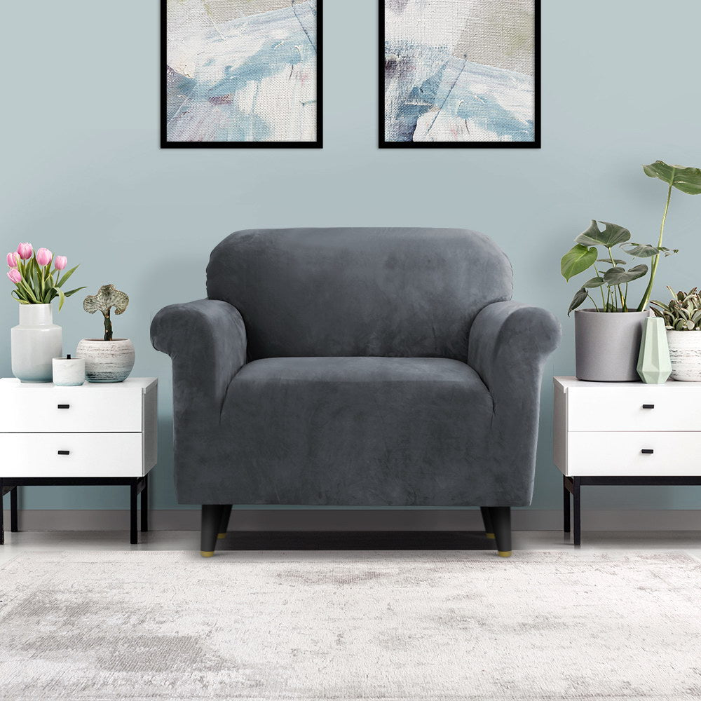 Artiss Velvet Sofa Cover Plush Couch Cover Lounge Slipcover 1 Seater Grey - Newstart Furniture