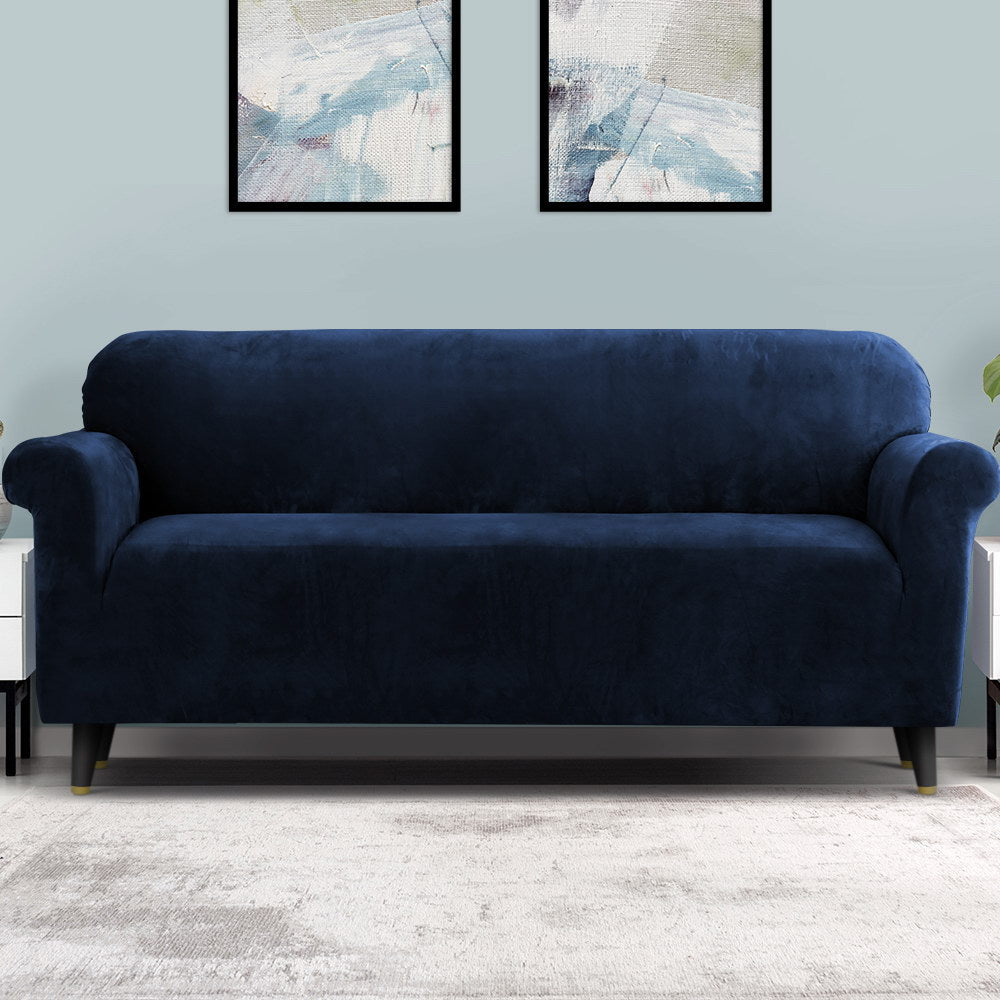 Artiss Velvet Sofa Cover Plush Couch Cover Lounge Slipcover 4 Seater Sapphire - Newstart Furniture