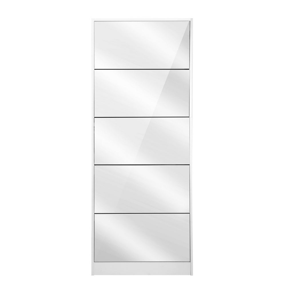 Artiss 5 Drawer Mirrored Wooden Shoe Cabinet - White - Newstart Furniture