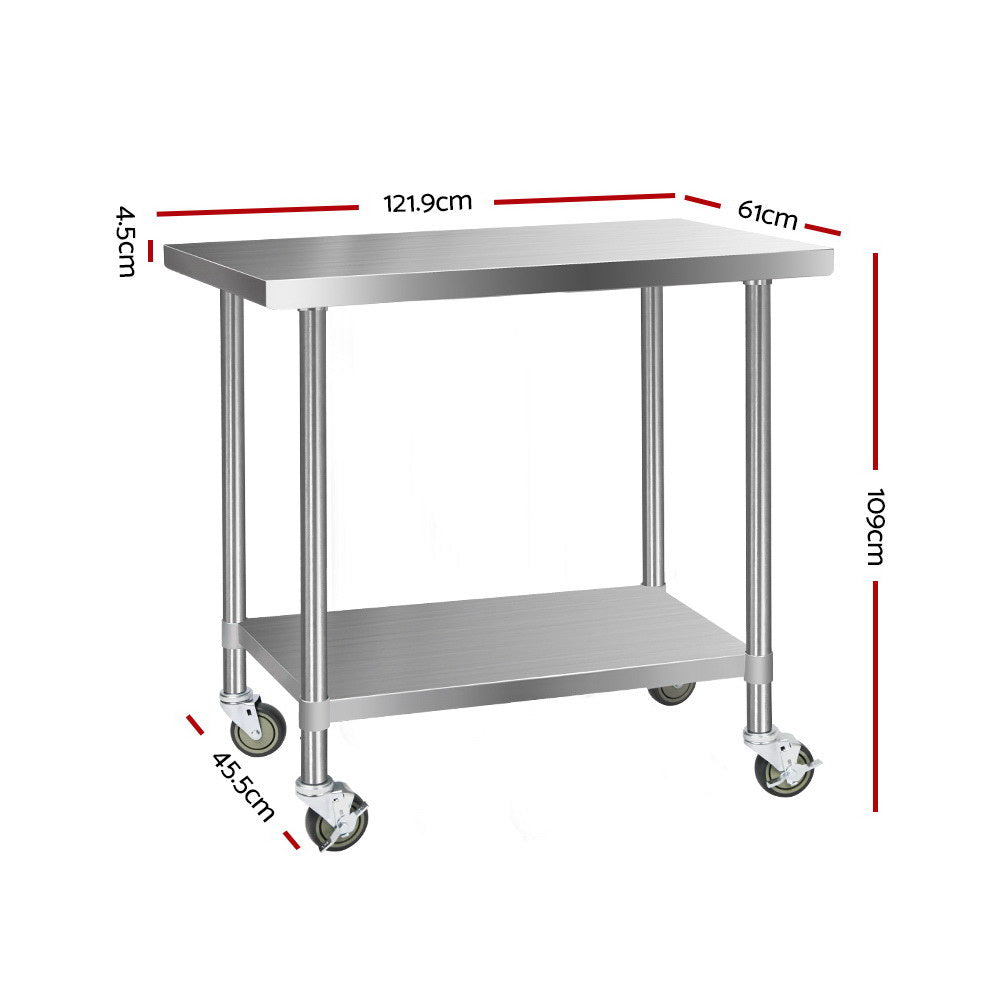 Cefito 304 Stainless Steel Kitchen Benches Work Bench Food Prep Table with Wheels 1219MM x 610MM - Newstart Furniture