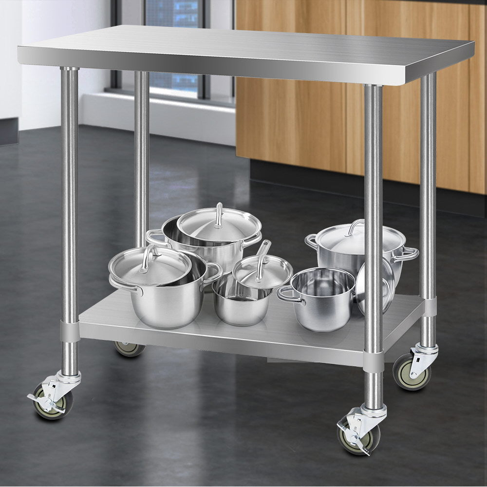 Cefito 304 Stainless Steel Kitchen Benches Work Bench Food Prep Table with Wheels 1219MM x 610MM - Newstart Furniture