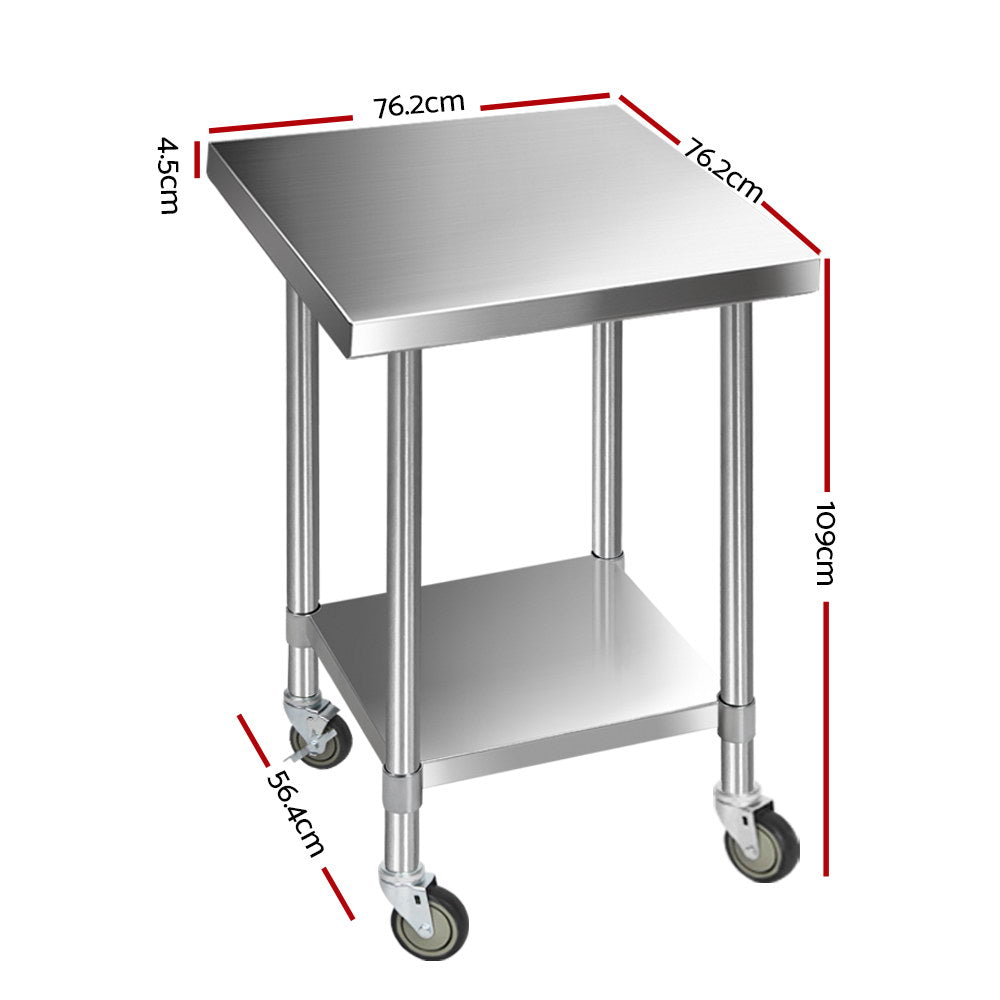 Cefito 762 x 762mm Commercial Stainless Steel Kitchen Bench with 4pcs Castor Wheels - Newstart Furniture