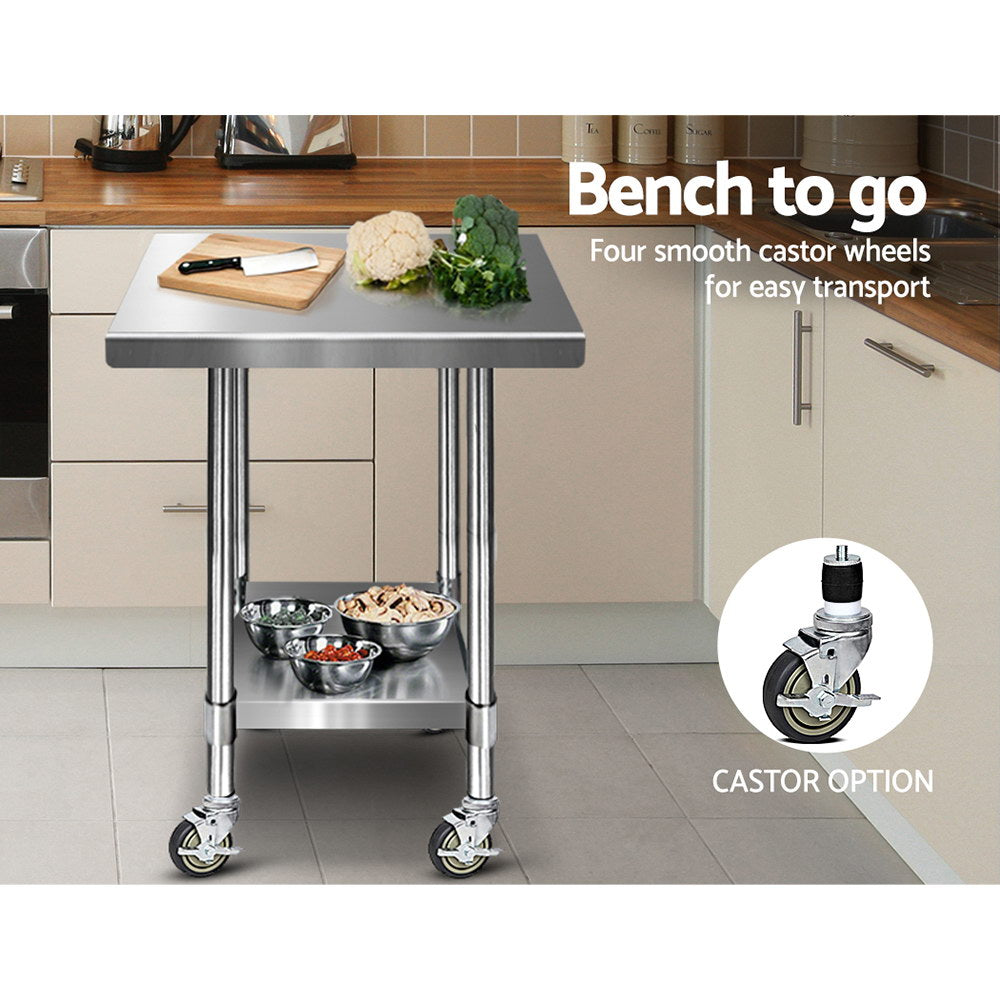 Cefito 762 x 762mm Commercial Stainless Steel Kitchen Bench with 4pcs Castor Wheels - Newstart Furniture