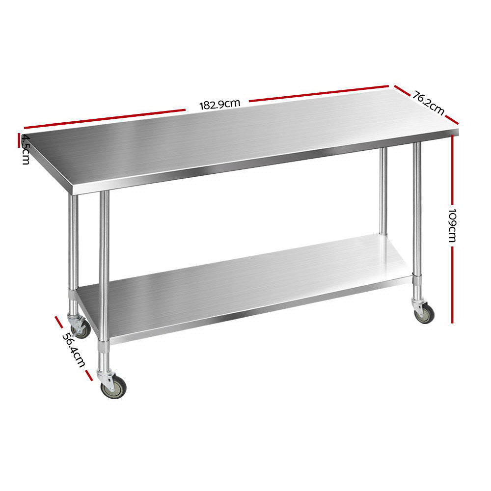 Cefito 1829 x 762mm Commercial Stainless Steel Kitchen Bench with 4pcs Castor Wheels - Newstart Furniture