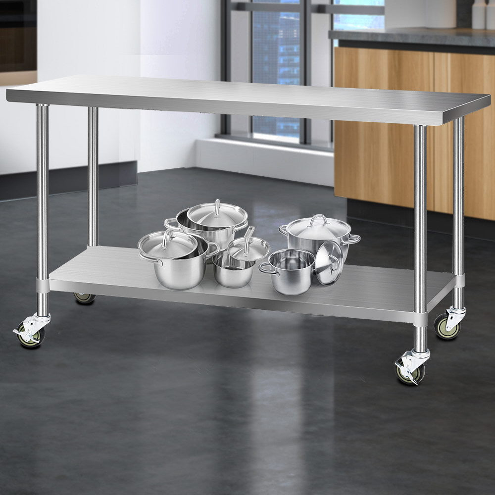 Cefito 430 Stainless Steel Kitchen Benches Work Bench Food Prep Table with Wheels 1829MM x 610MM - Newstart Furniture