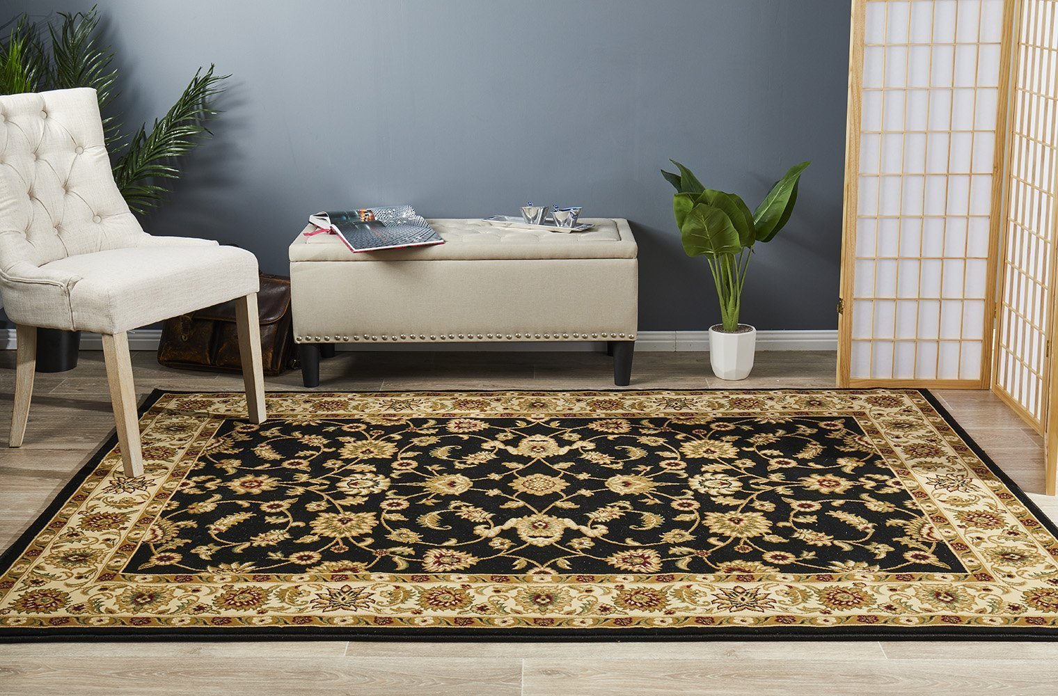 Sydney Collection Classic Rug Black with Ivory Border - Newstart Furniture