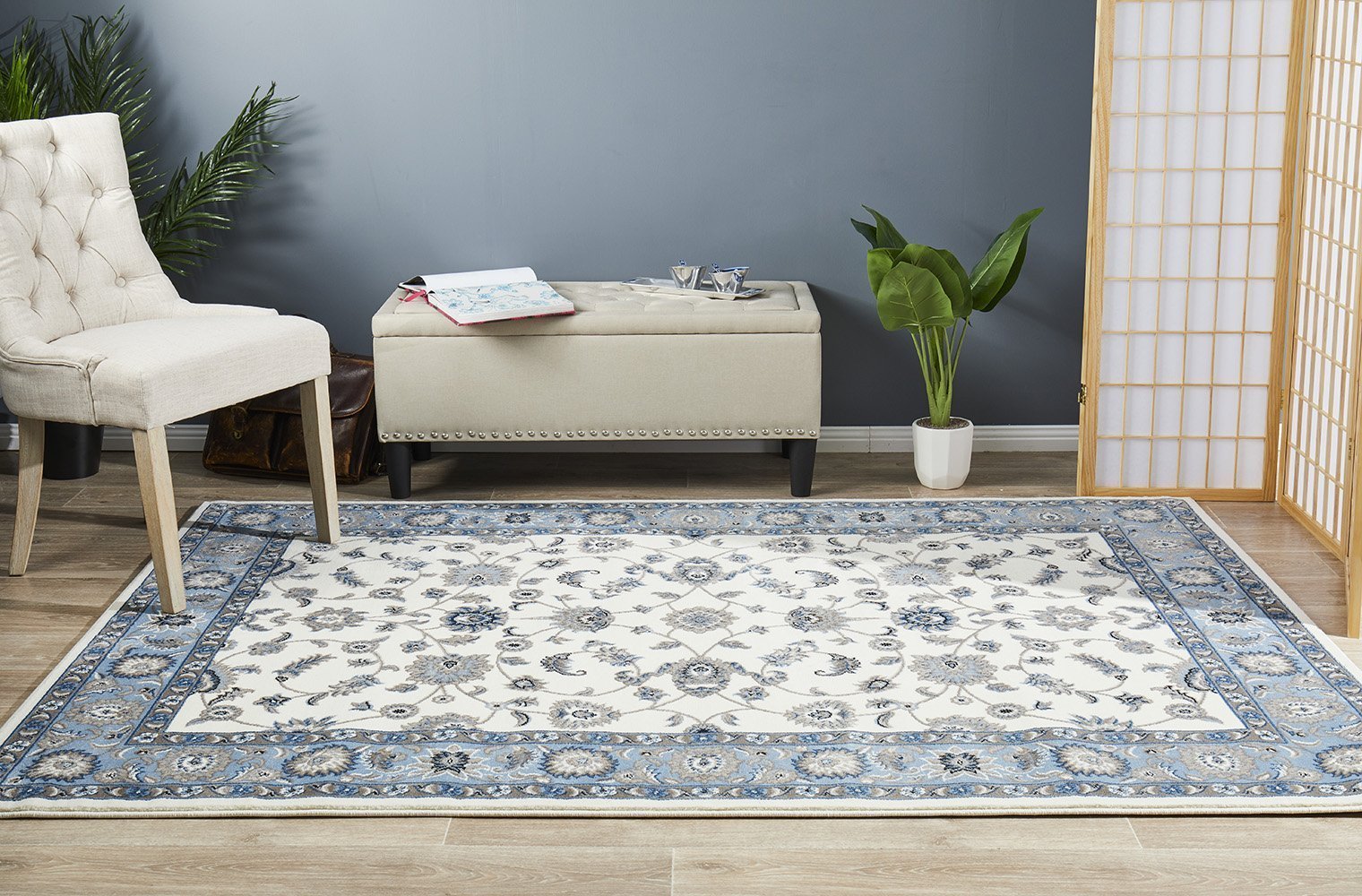 Sydney Collection Classic Rug White with Blue Border - Newstart Furniture