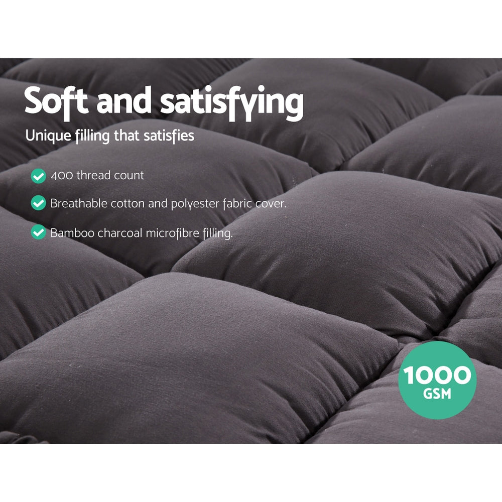 Giselle King Mattress Topper Pillowtop 1000GSM Charcoal Microfibre Bamboo Fibre Filling Protector - Newstart Furniture