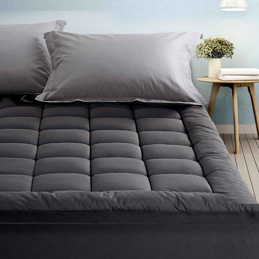 Giselle Single Mattress Topper Pillowtop 1000GSM Charcoal Microfibre Bamboo Fibre Filling Protector - Newstart Furniture