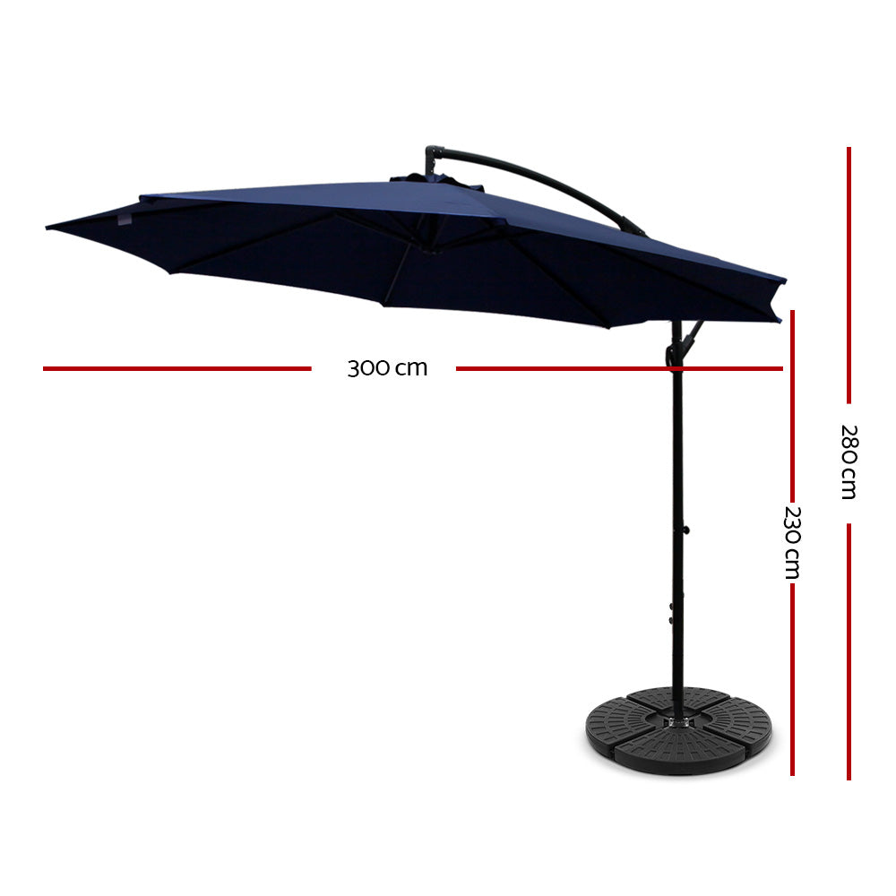 Instahut 3M Umbrella with 48x48cm Base Outdoor Umbrellas Cantilever Sun Beach Garden Patio Navy - Newstart Furniture