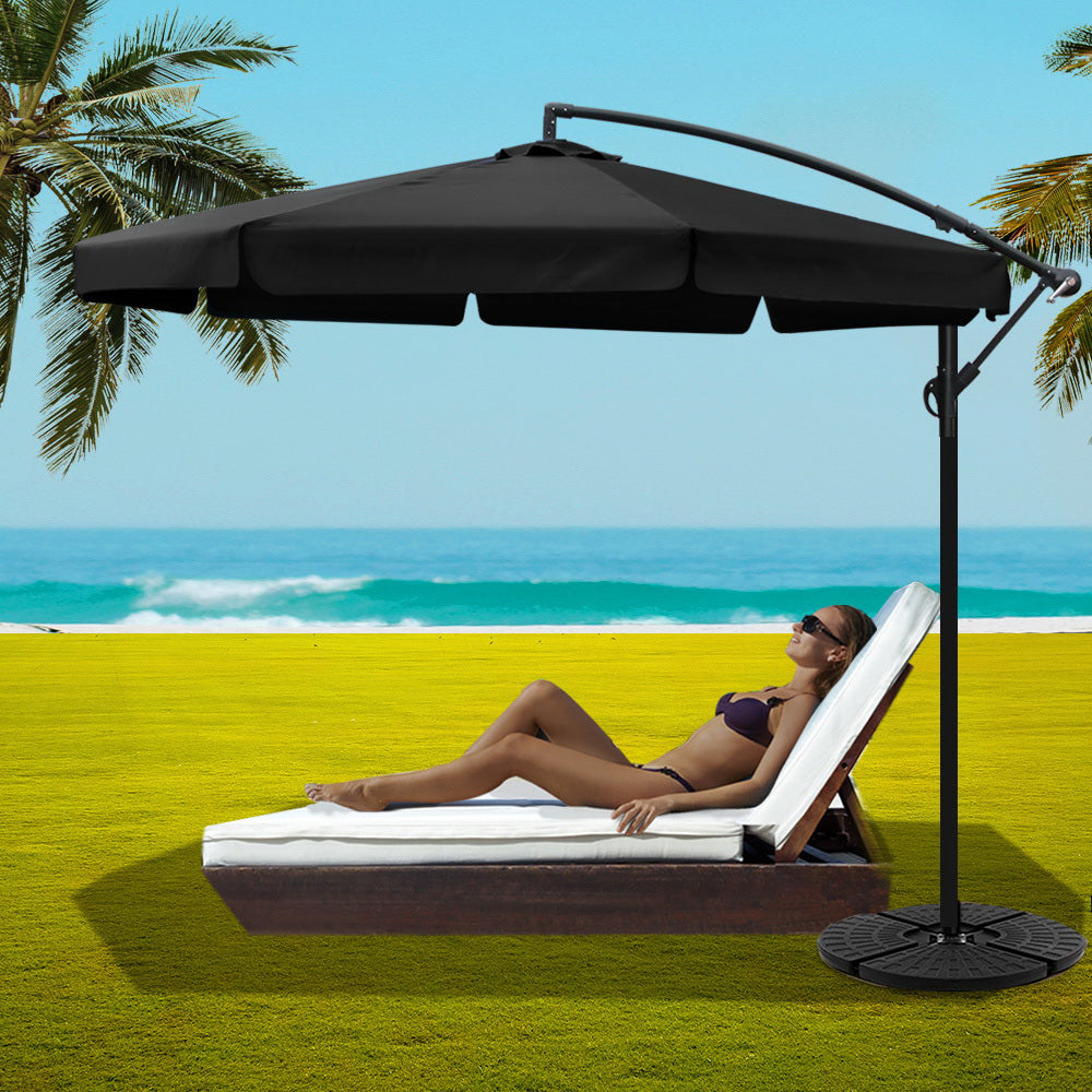 Instahut 3M Umbrella with 48x48cm Base Outdoor Umbrellas Cantilever Sun Beach UV Black - Newstart Furniture