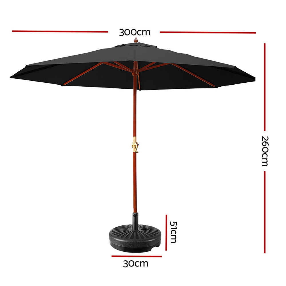 Instahut Outdoor Umbrella 3M with Base Pole Umbrellas Garden Stand Deck Black - Newstart Furniture