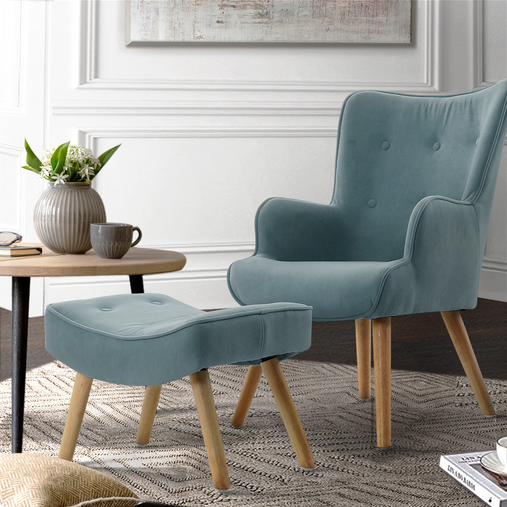 Artiss Armchair Lounge Chair Ottoman Accent Armchairs Sofa Fabric Chairs Blue - Newstart Furniture