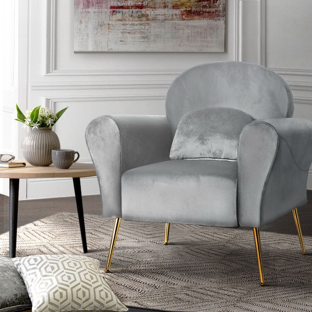 Artiss Armchair Lounge Chair Accent Armchairs Chairs Sofa Grey Velvet Cushion - Newstart Furniture