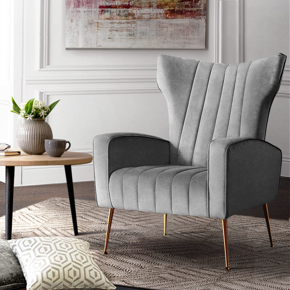Artiss Armchair Lounge Accent Chairs Armchairs Chair Velvet Sofa Grey Seat - Newstart Furniture