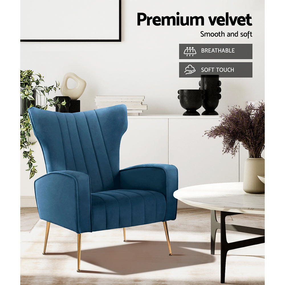 Artiss Armchair Lounge Accent Chairs Armchairs Chair Velvet Sofa Navy Blue Seat - Newstart Furniture