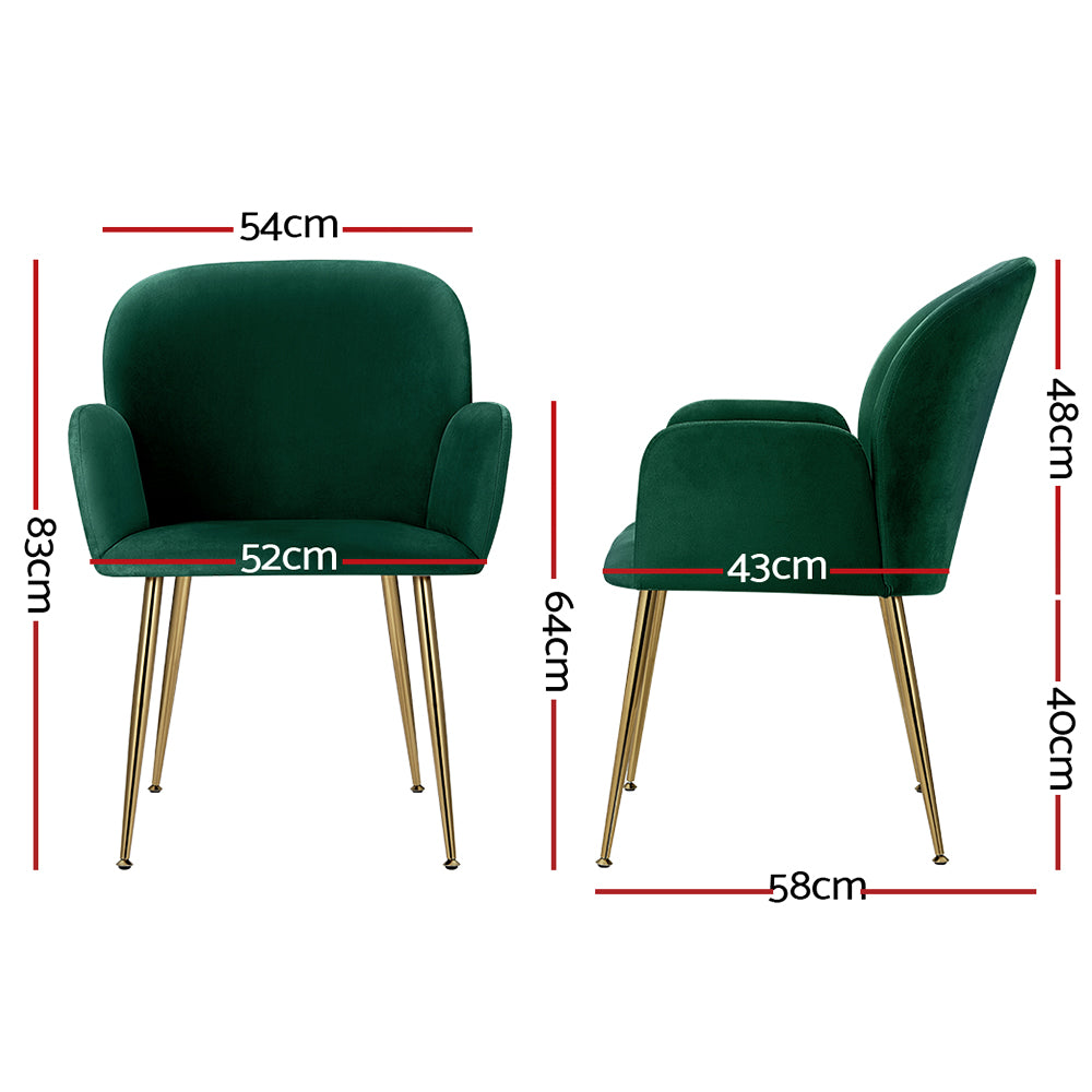 Artiss  Set of 2 Kynsee Dining Chair Armchair Cafe Chair Upholstered Velvet Green - Newstart Furniture
