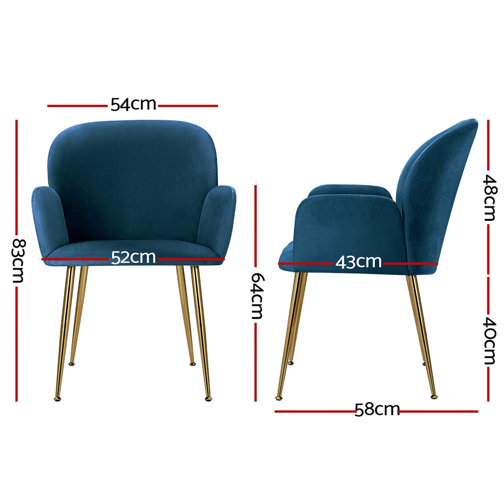 Artiss  Set of 2 Kynsee Dining Chairs Armchair Cafe Chair Upholstered Velvet Blue - Newstart Furniture