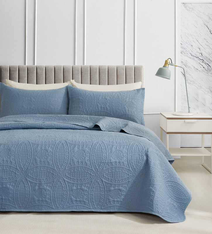 Lisbon Quilted 3 Pieces Embossed Coverlet Set-queen/double blue - Newstart Furniture