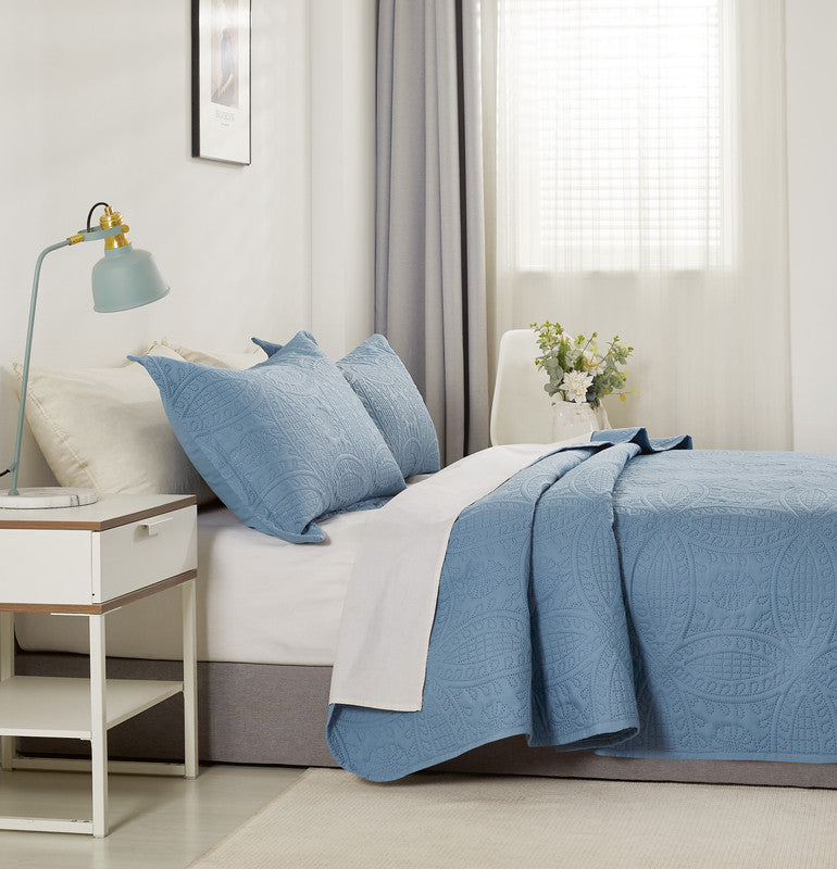 Lisbon Quilted 3 Pieces Embossed Coverlet Set-queen/double blue - Newstart Furniture