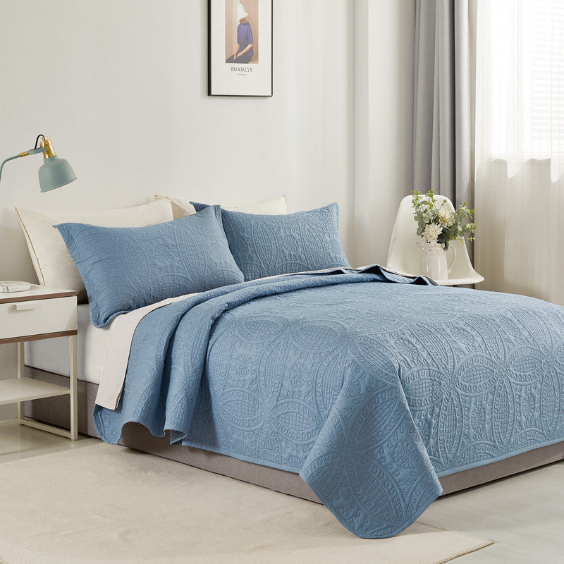 Lisbon Quilted 3 Pieces Embossed Coverlet Set-queen/double blue - Newstart Furniture