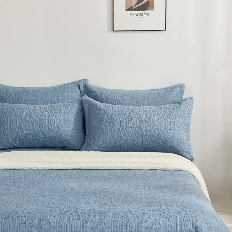 Lisbon Quilted 3 Pieces Embossed Coverlet Set-queen/double blue - Newstart Furniture