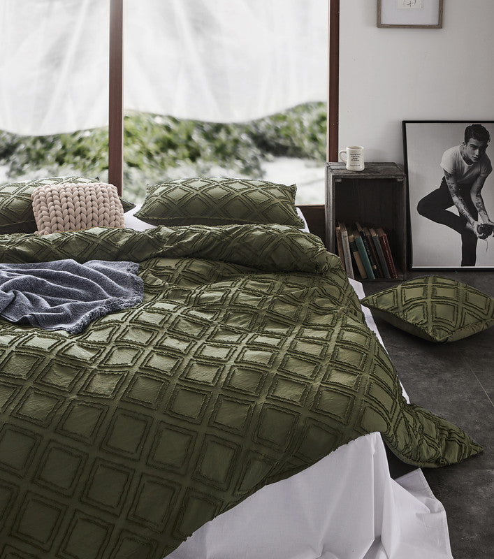 Tufted ultra soft microfiber quilt cover set-queen khaiki green - Newstart Furniture