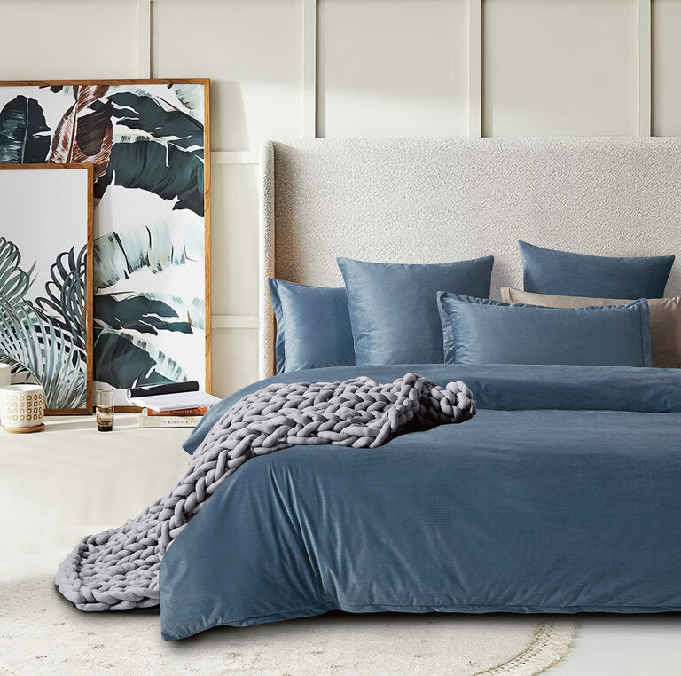 Corduroy Velvet Super King Bed Quilt Cover Set-Ash Blue - Newstart Furniture