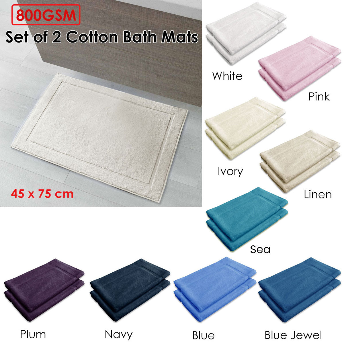 800GSM Set of 2 Cotton Bath Mat White - Newstart Furniture