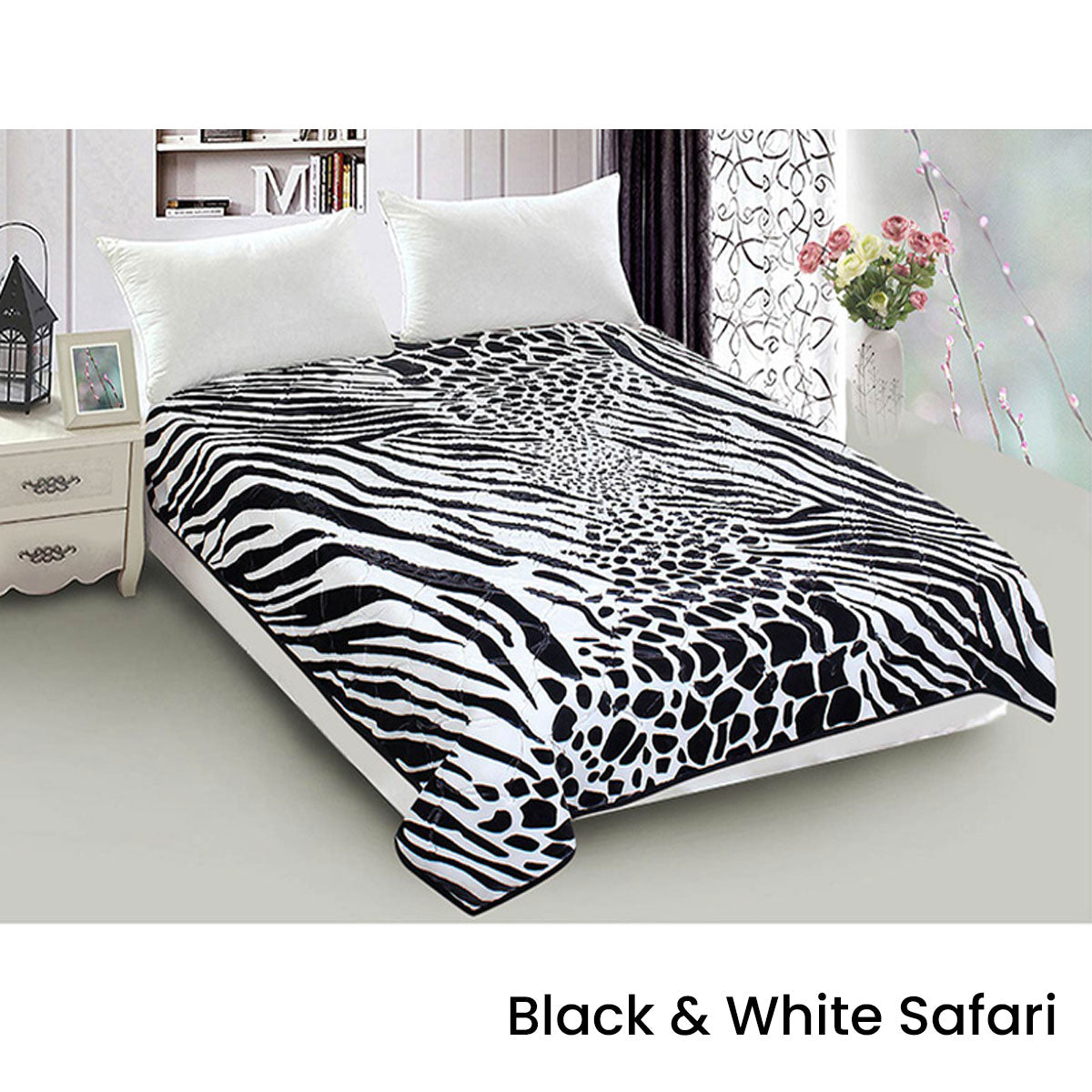 800GSM Luxury Reversible Animal Mink Blanket Queen 200 x 240 cm White Black Safari - Newstart Furniture