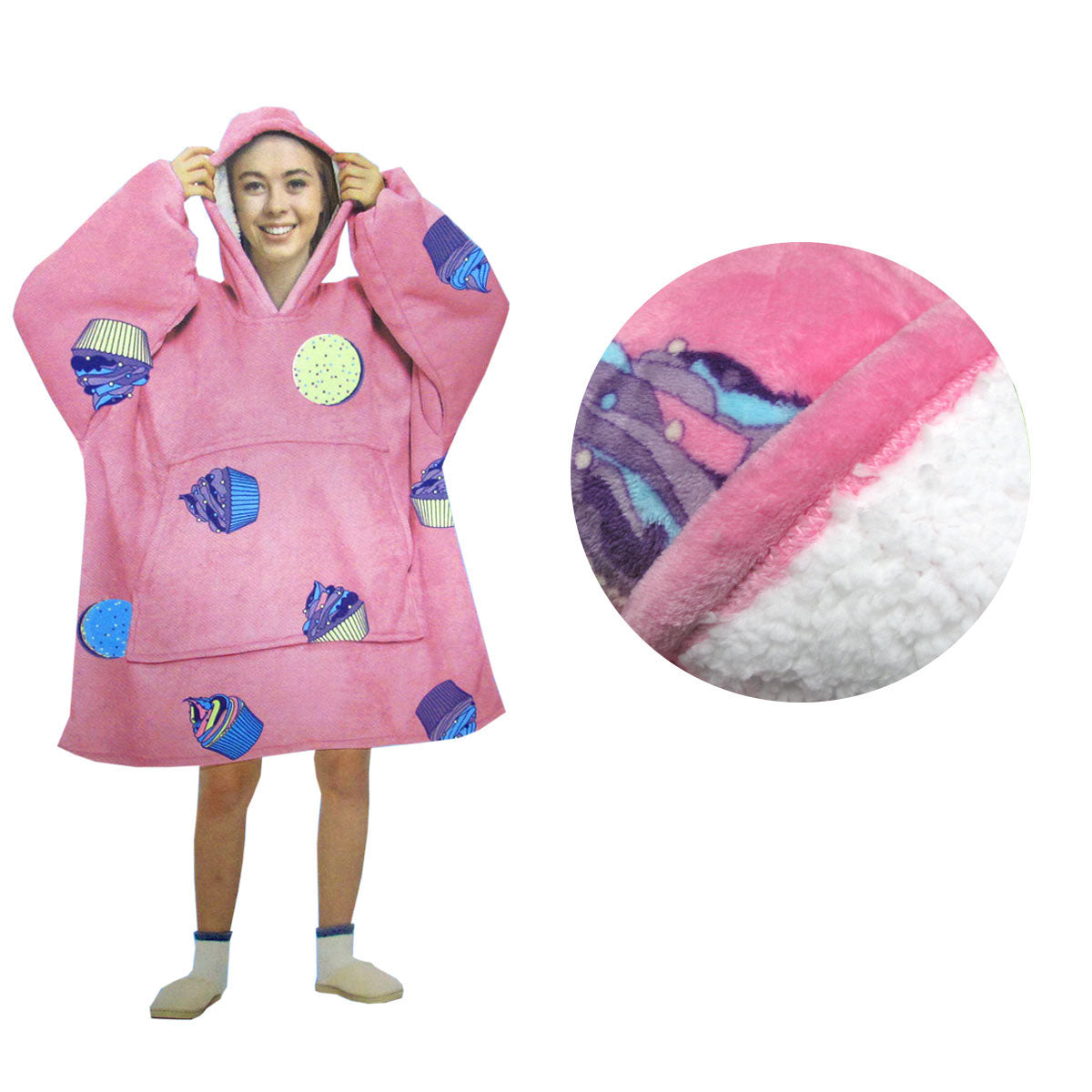 Blanket Hoodie with Sherpa Reverse Pink Cupcakes - Newstart Furniture