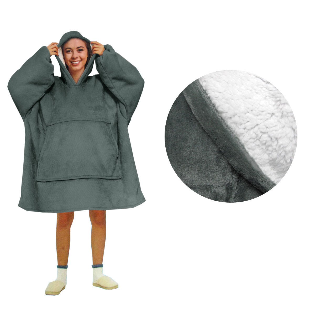 Blanket Hoodie with Sherpa Reverse Plain Dark Grey - Newstart Furniture