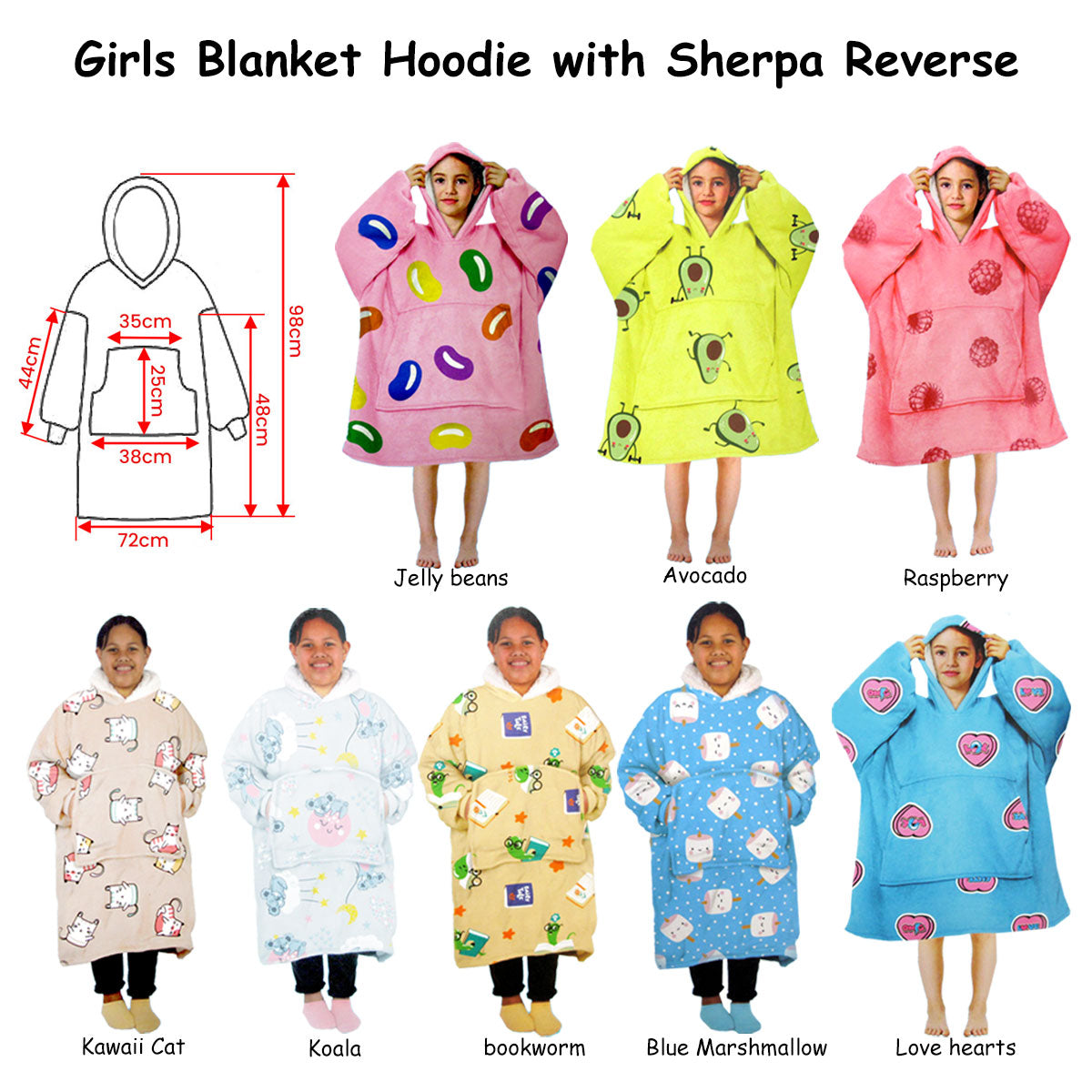 Girls Comfy Warm Blanket Hoodie with Sherpa Fleece Reverse Love Hearts - Newstart Furniture